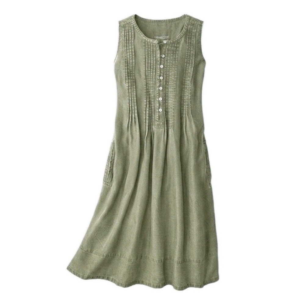 Coldwater Creek Floria Pintuck Tencel Midi Dress Sleeveless Green Women's Size S